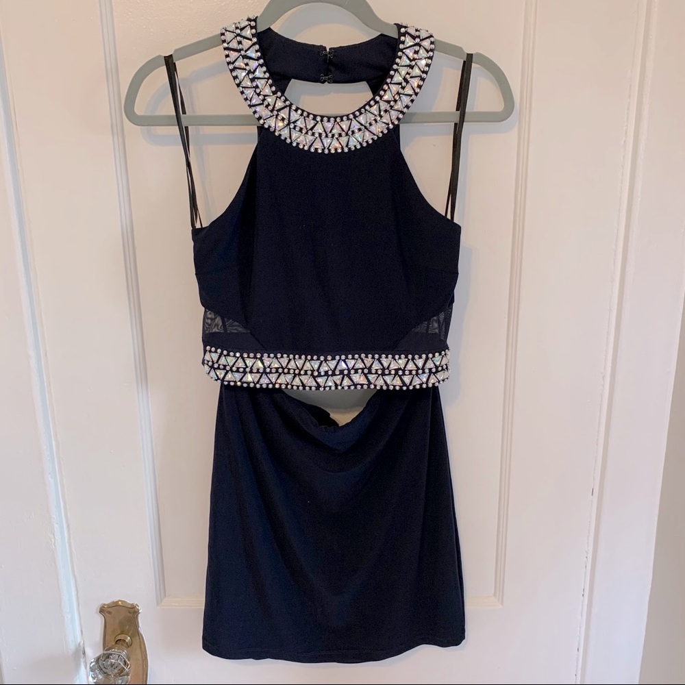2-Piece Crop Top Mini Skirt w/Silver Chrome Detail